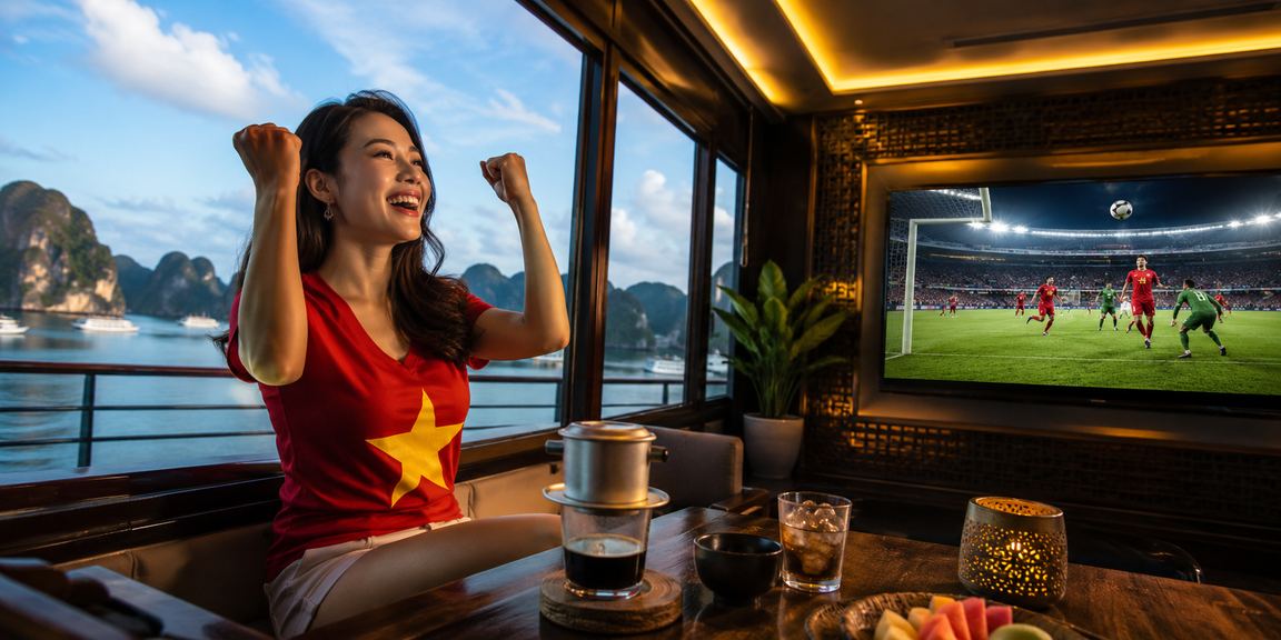 Người dùng thư giãn tại Vịnh Hạ Long với cà phê, theo dõi cá cược thể thao trên điện thoại