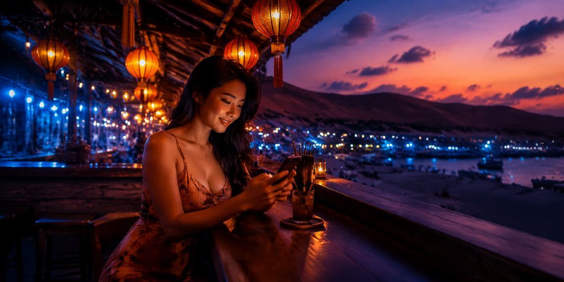 Người dùng trải nghiệm casino trực tuyến trên điện thoại tại chợ đêm Mũi Né về đêm